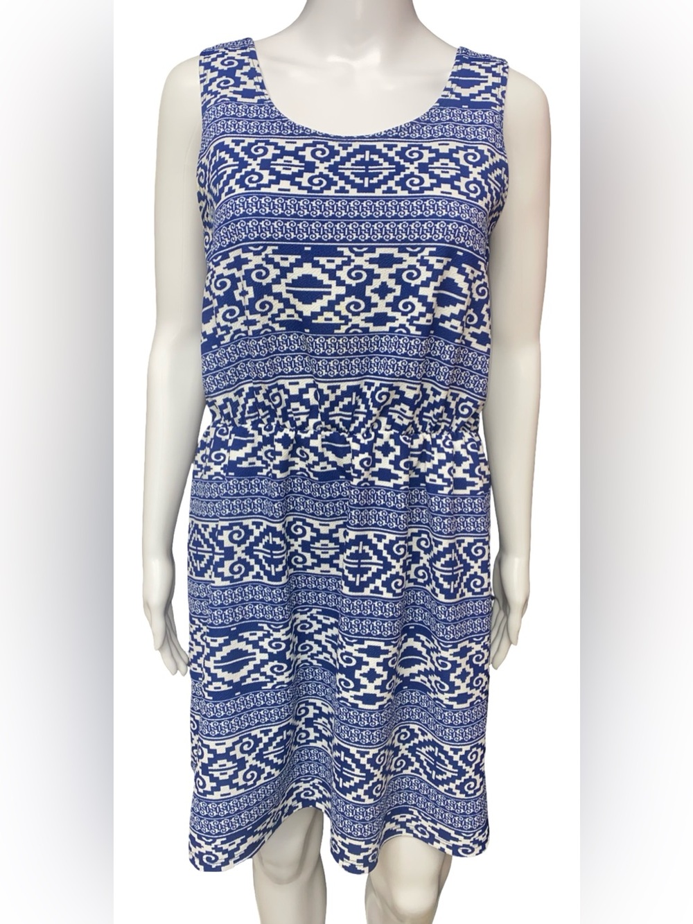 Pink Rose Blue White Tribal Print Sleeveless Dress Women’s Large Boho Casual
